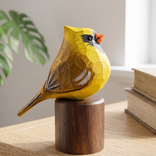 A hand-carved wooden Yellow Cardinal sculpture in bright yellow and brown tones, mounted on a dark wooden cylindrical base and displayed on a light wood table in a bright room with a plant and books in the background.