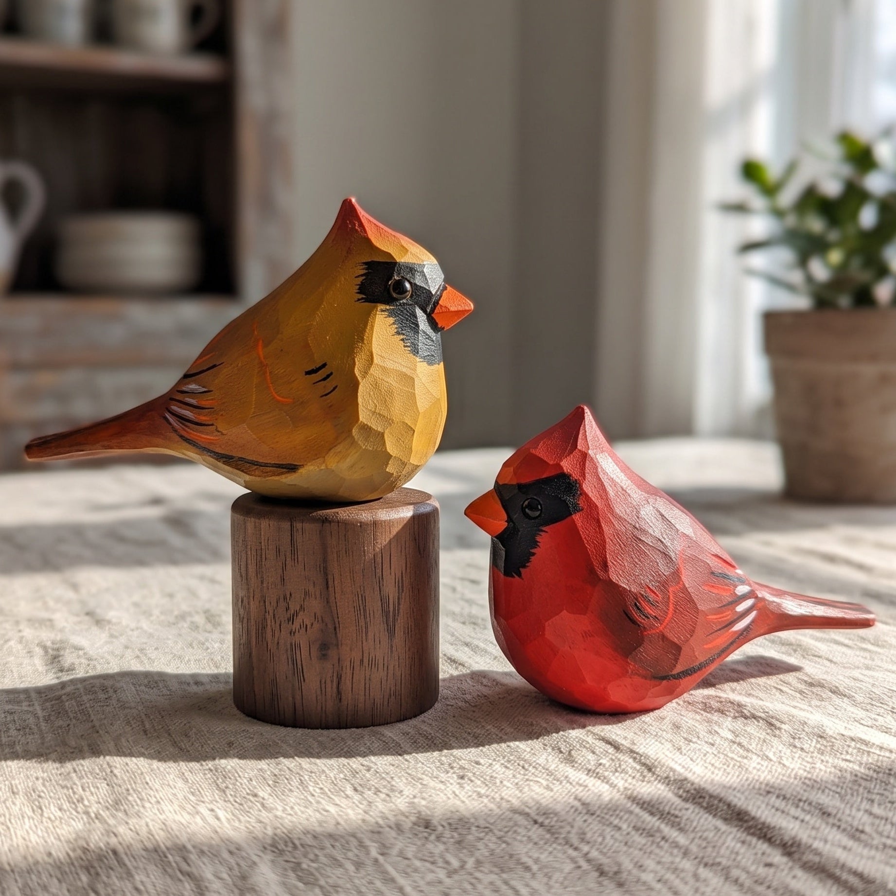 Two hand-carved wooden cardinal bird sculptures, one yellow and one red, displayed on a rustic tablecloth in a warm, softly lit room.