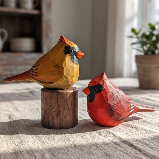 Two hand-carved wooden cardinal bird sculptures, one yellow and one red, displayed on a rustic tablecloth in a warm, softly lit room.