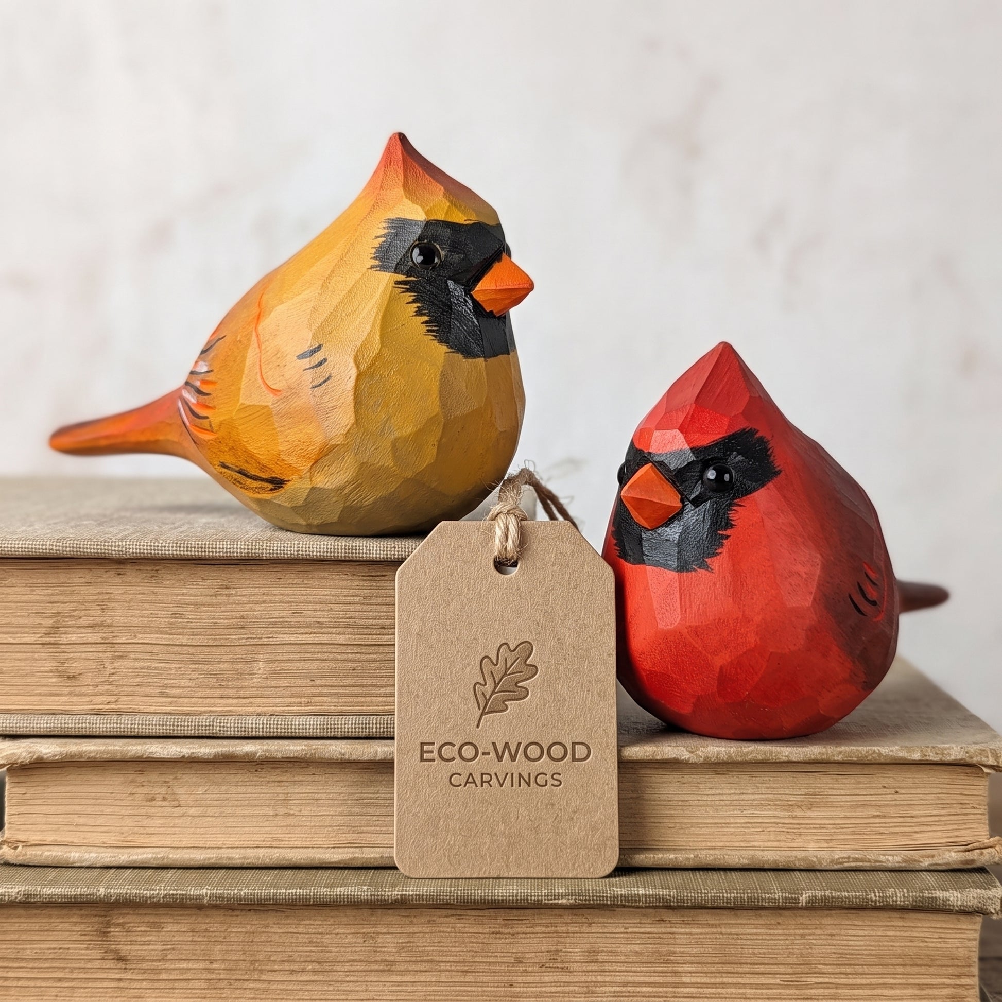 Two hand-carved wooden cardinal figurines, one yellow-orange and one red, displayed on a stack of vintage books with a hanging kraft paper tag that reads 'ECO-WOOD CARVINGS'.