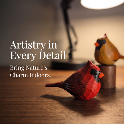 Two hand-carved wooden cardinal bird figurines displayed on a wooden table under warm lamp light. One cardinal in the foreground is bright red with a small orange beak and black eye detail, while a second tan-brown cardinal sits blurred in the background on a wooden stand.