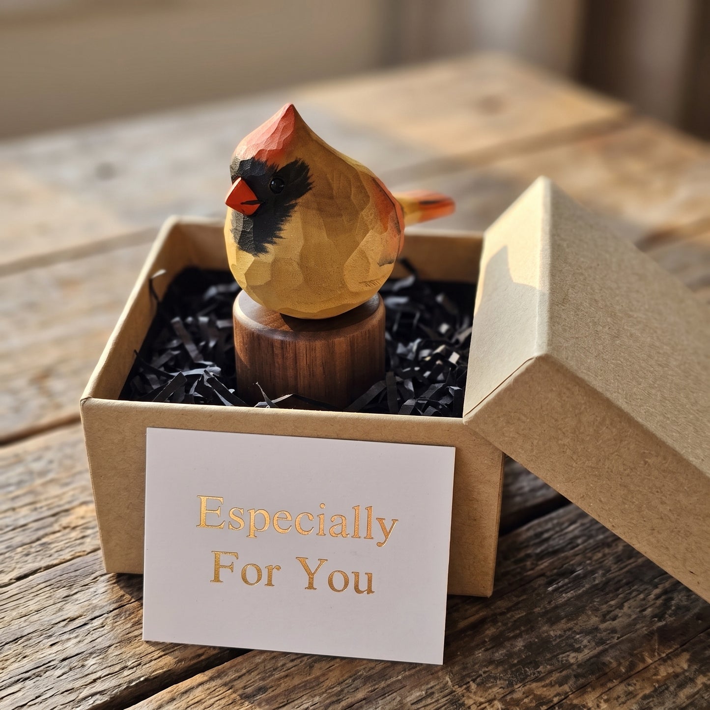 Hand Carved & Hand Painted Northern Cardinal Figurine | Basswood with Black Walnut Base