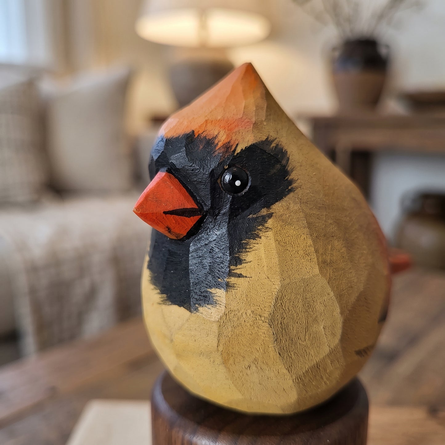 Hand Carved & Hand Painted Northern Cardinal Figurine | Basswood with Black Walnut Base