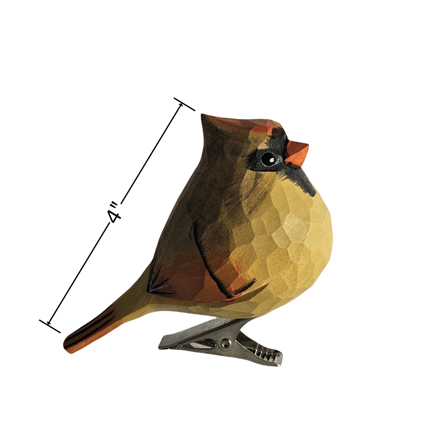 Hand-Carved Cardinal Female Clip-On Bird Ornament | Basswood | 4" Handmade Wood Sculpture