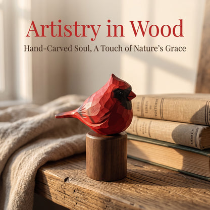 Hand Carved & Hand Painted Northern Cardinal Figurine | Basswood with Black Walnut Base
