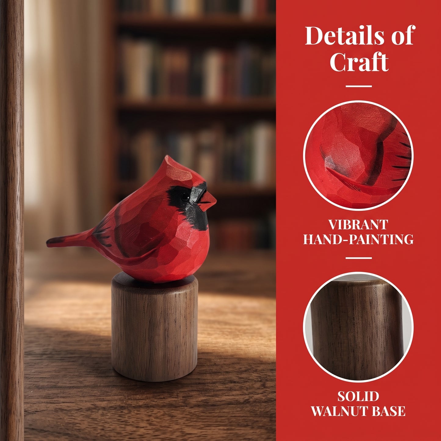 Hand Carved & Hand Painted Northern Cardinal Figurine | Basswood with Black Walnut Base