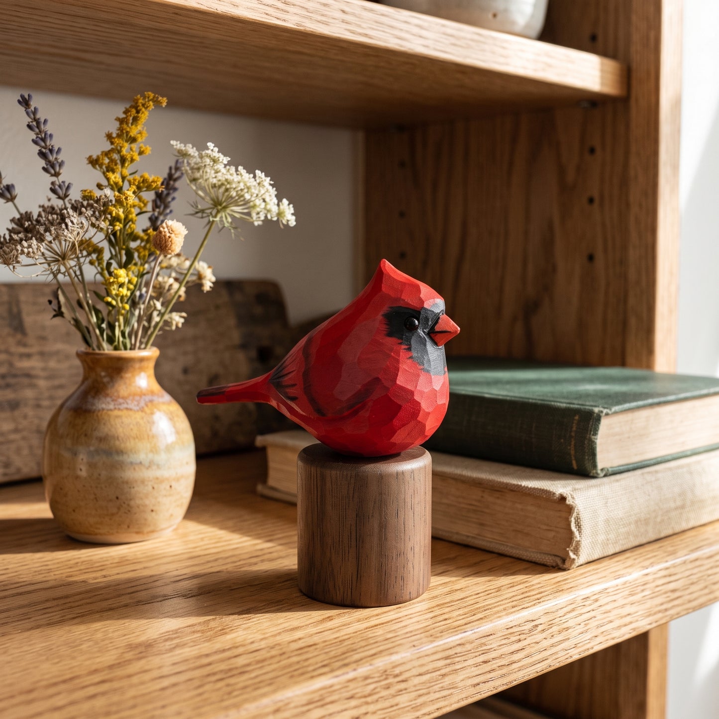 Hand Carved & Hand Painted Northern Cardinal Figurine | Basswood with Black Walnut Base