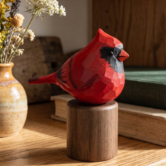 A red geometric cardinal figurine on a round wooden base, displayed on a wooden shelf next to a ceramic vase with dried flowers and stacked books.