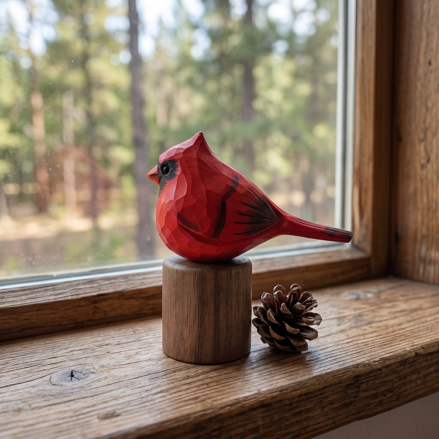 Hand Carved & Hand Painted Northern Cardinal Figurine | Basswood with Black Walnut Base