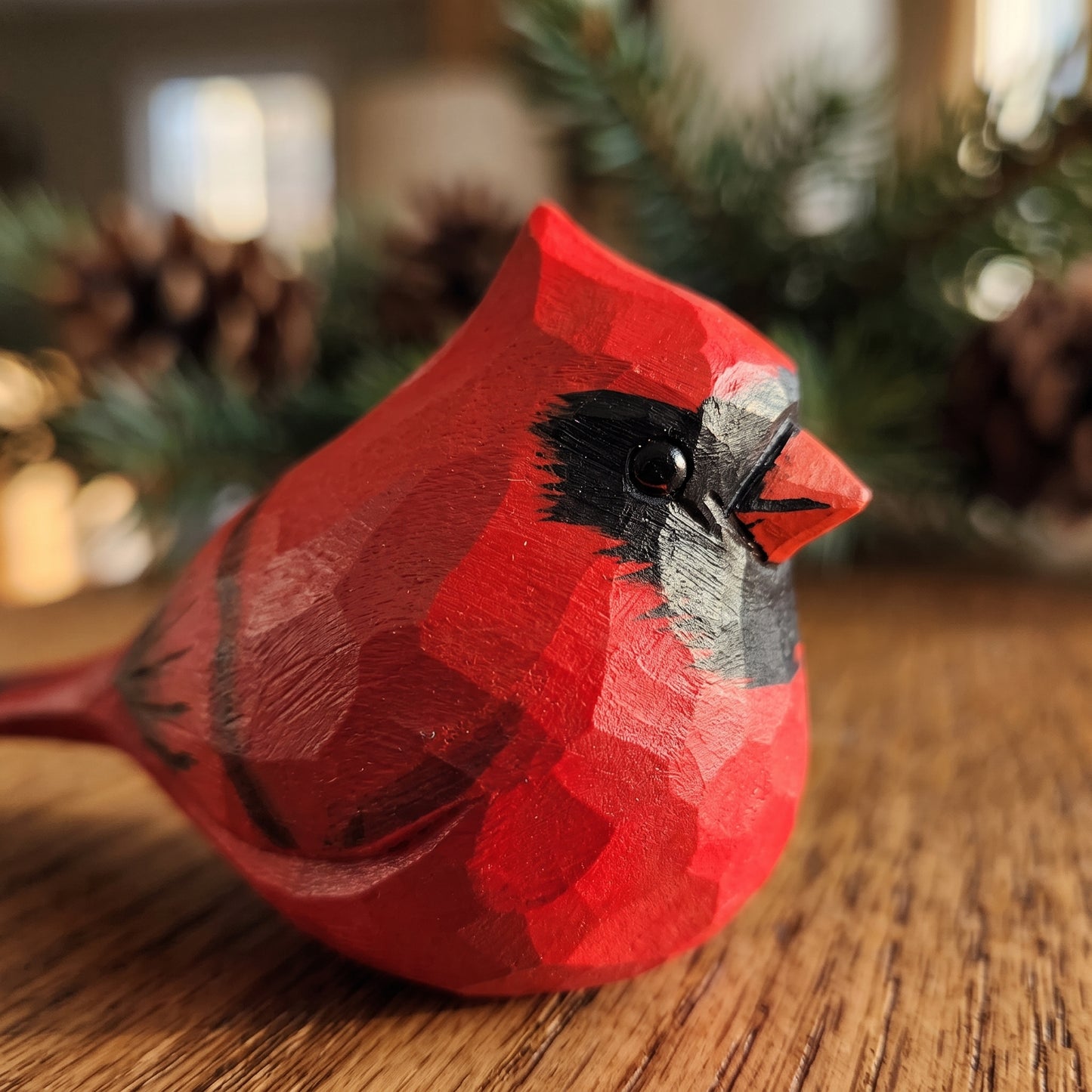 Hand Carved & Hand Painted Northern Cardinal Figurine | Basswood with Black Walnut Base