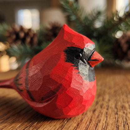 Hand Carved & Hand Painted Northern Cardinal Figurine | Basswood with Black Walnut Base