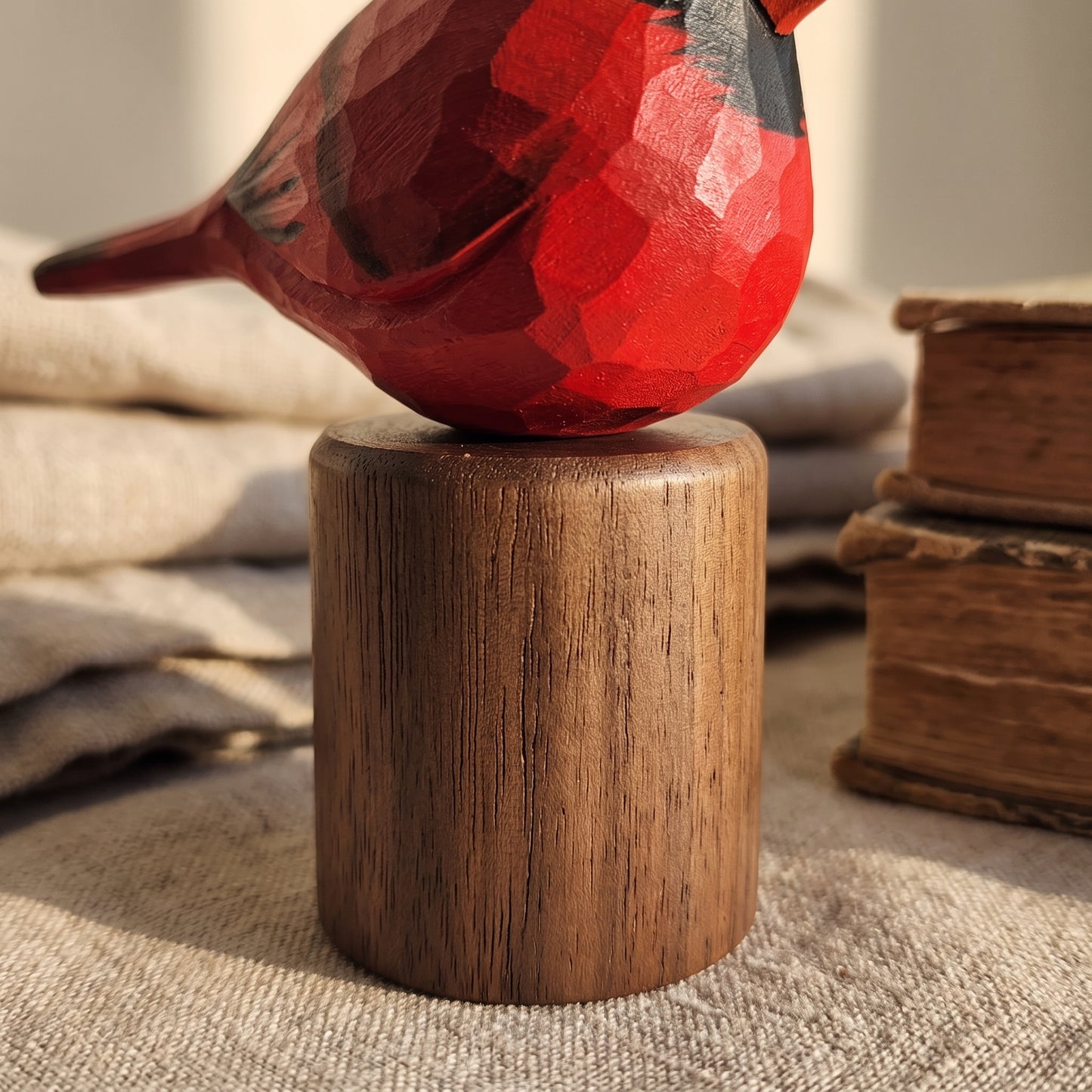 Hand Carved & Hand Painted Northern Cardinal Figurine | Basswood with Black Walnut Base