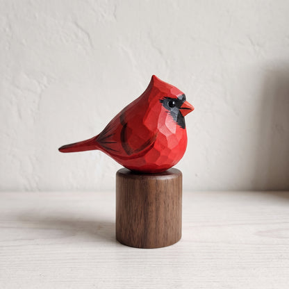 Hand Carved & Hand Painted Northern Cardinal Figurine | Basswood with Black Walnut Base