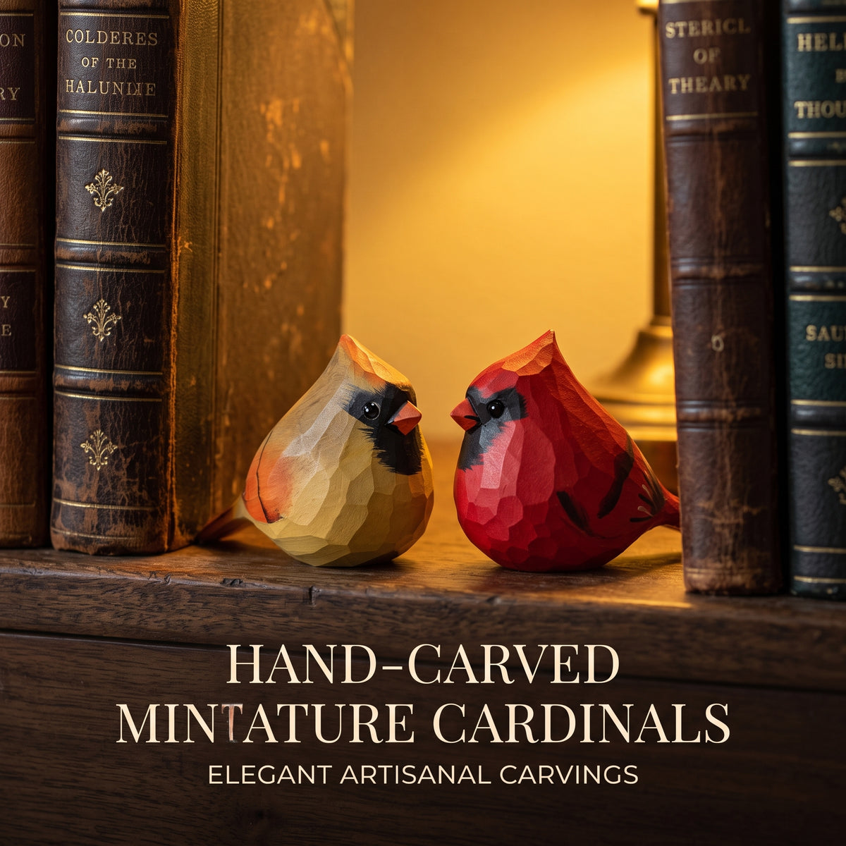 Two hand-carved wooden cardinal figurines, one tan and one red, displayed on a wooden shelf between antique books, with text overlay reading 'HAND-CARVED MINITURE CARDINALS' and 'ELEGANT ARTISANAL CARVINGS'.