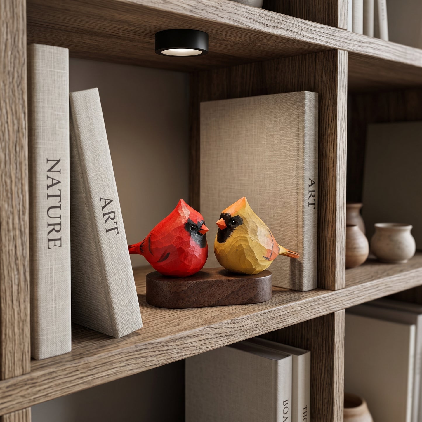 Two geometric Cardinal Couple figurines, one red and one yellow, displayed on a wooden bookshelf between decorative books.