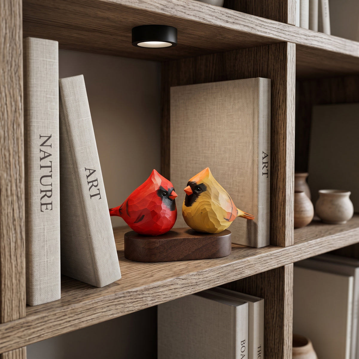 Two geometric Cardinal Couple figurines, one red and one yellow, displayed on a wooden bookshelf between decorative books.