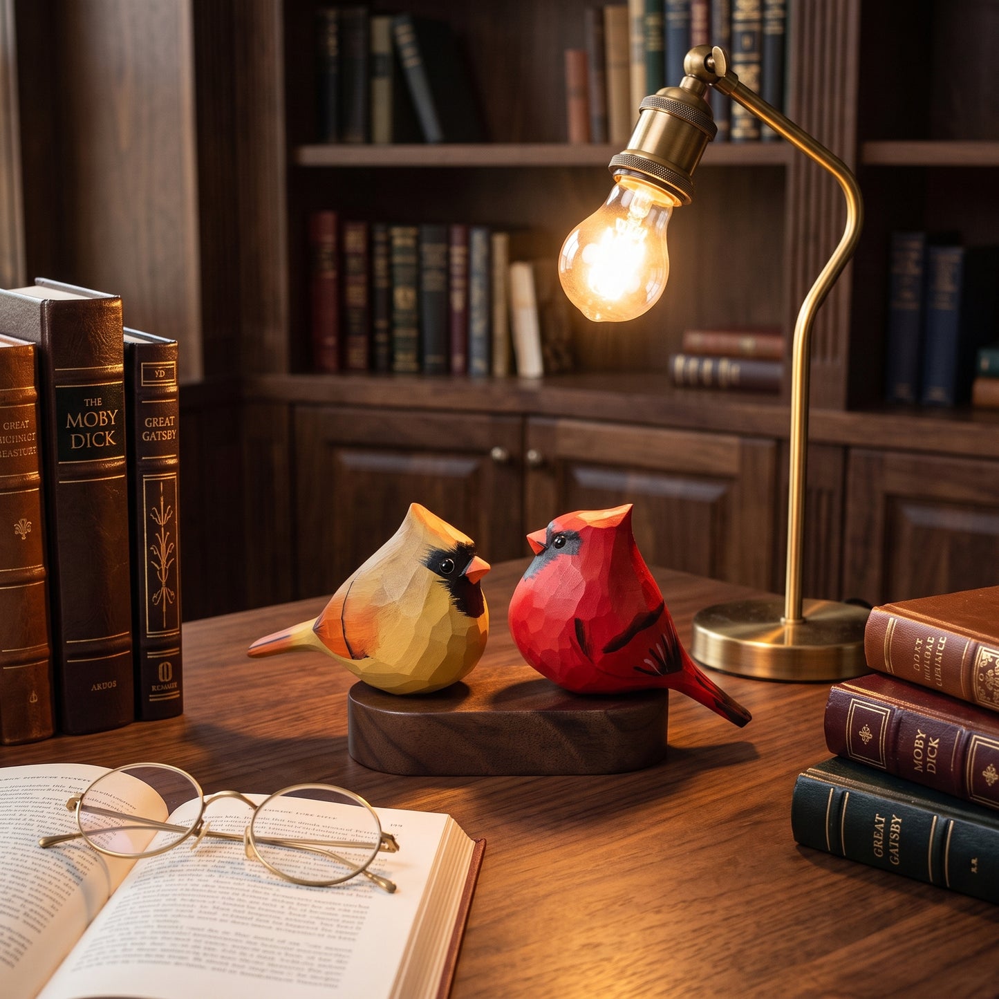 Two hand-carved wooden cardinal figurines, one yellow and one red, displayed on a wooden bookshelf next to a lit brass desk lamp, with vintage books and a pair of round glasses nearby.