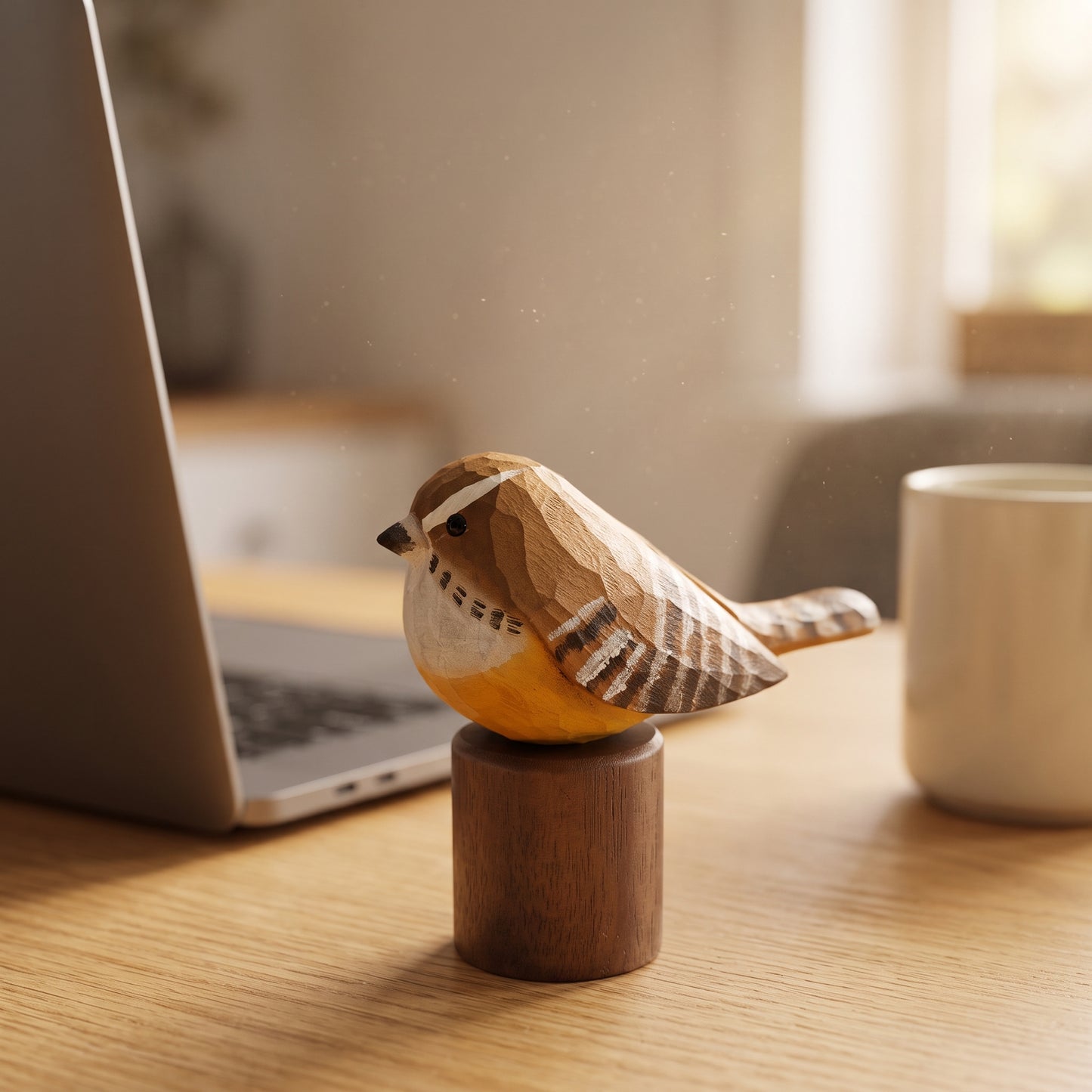 A carved wooden Carolina Wren figurine with a yellow-orange belly, brown and white striped wings, and a dark beak, displayed on a small cylindrical wooden base on a light wood desk. A laptop, a mug, and a softly blurred indoor background are visible.
