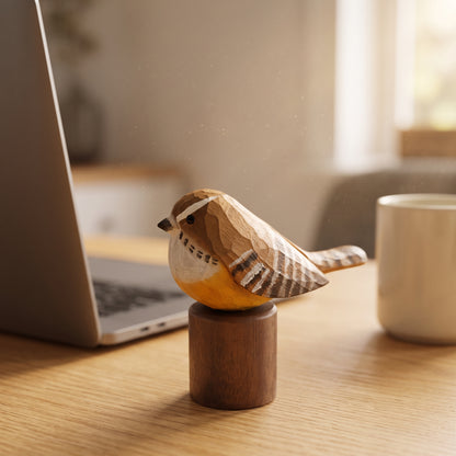 A carved wooden Carolina Wren figurine with a yellow-orange belly, brown and white striped wings, and a dark beak, displayed on a small cylindrical wooden base on a light wood desk. A laptop, a mug, and a softly blurred indoor background are visible.