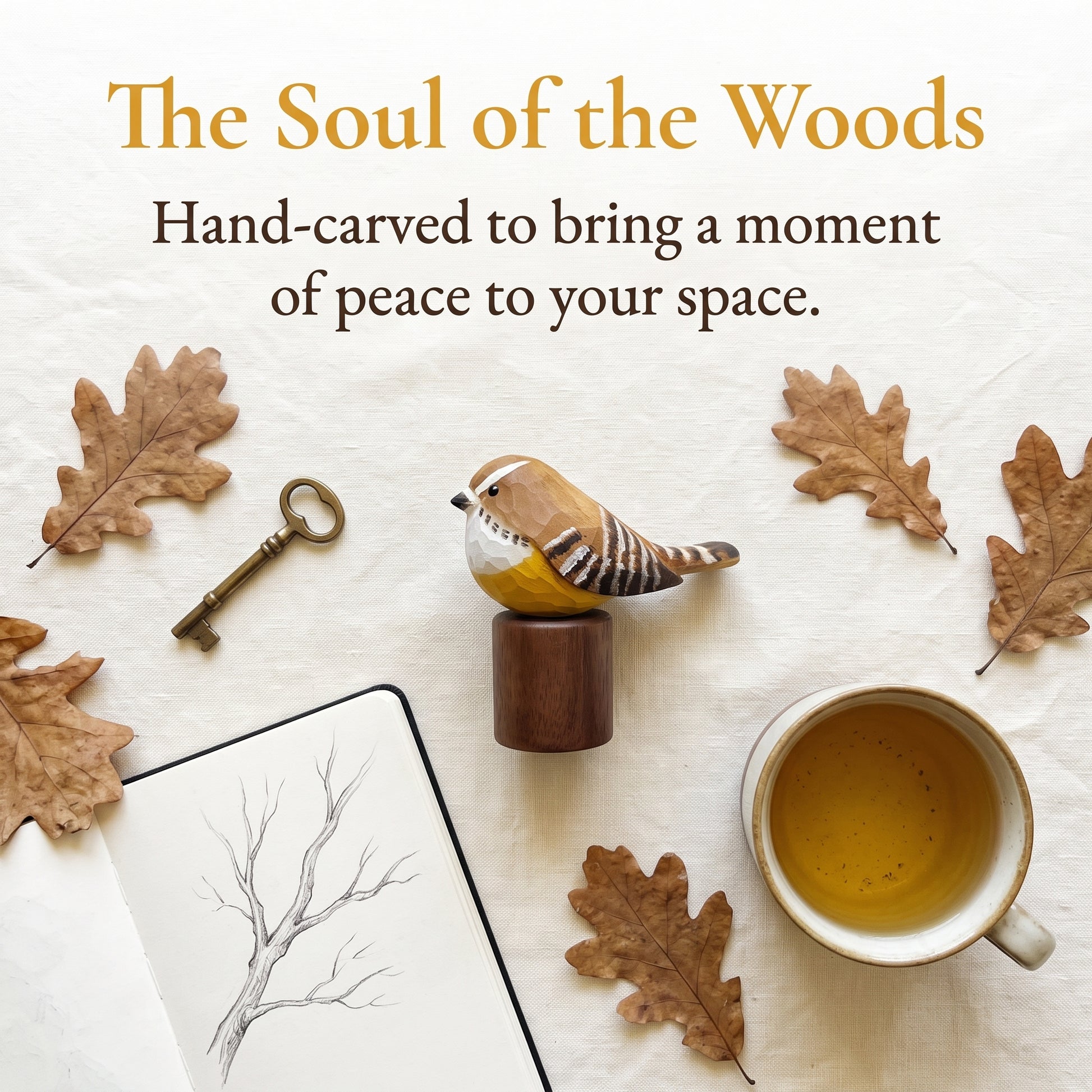 A styled flat-lay featuring a hand-carved wooden Carolina Wren figurine on a small wooden base, surrounded by autumn-themed props including dried oak leaves, a vintage key, an open sketchbook, and a cup of tea. Text at the top reads, 'The Soul of the Woods Hand-carved to bring a moment of peace to your space.