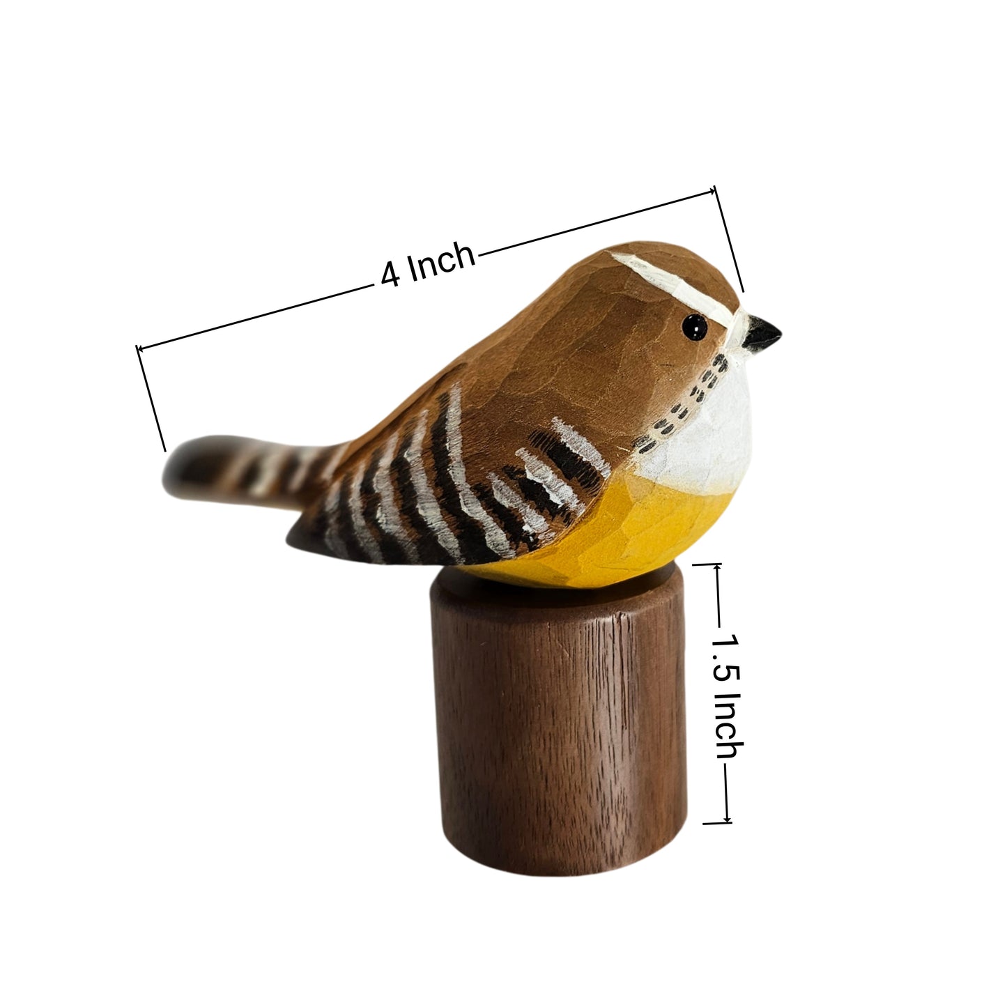 Hand-carved wooden Carolina Wren figurine on a cylindrical wooden base, shown with dimension lines indicating a height of 1.5 inch and a body width of 4 inch, on a plain white background.
