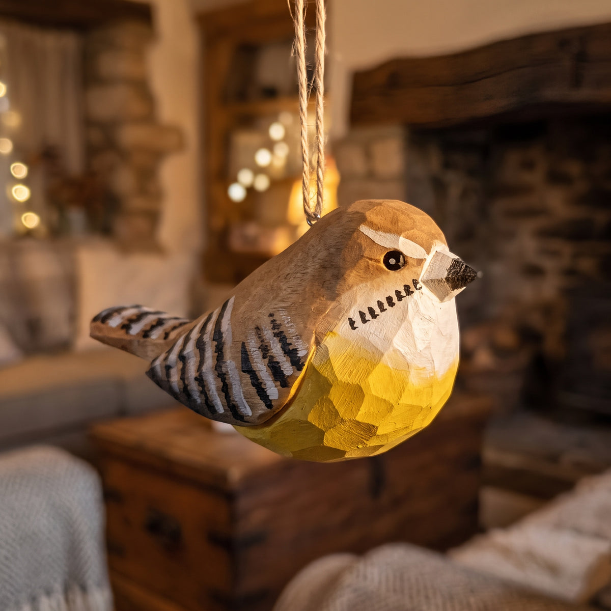 A handcrafted wooden Carolina wren ornament with geometric facets, hanging by a twine string in a cozy, warmly lit living room with a fireplace in the background.