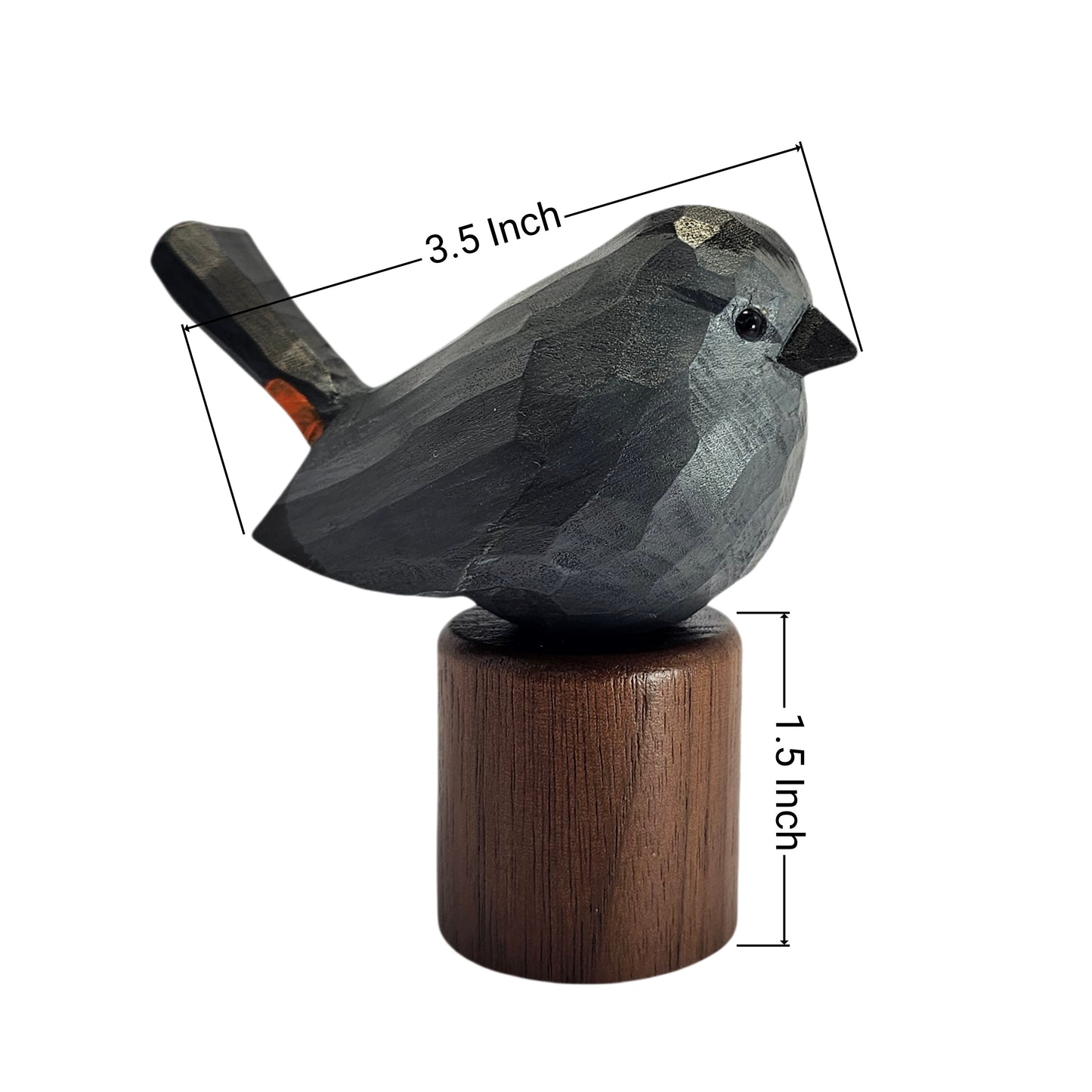 A carved wooden Gray Catbird figurine with a dark charcoal gray body and a brown cylindrical base, shown on a white background with overlaid dimension lines indicating 3.5 inch length and 1.