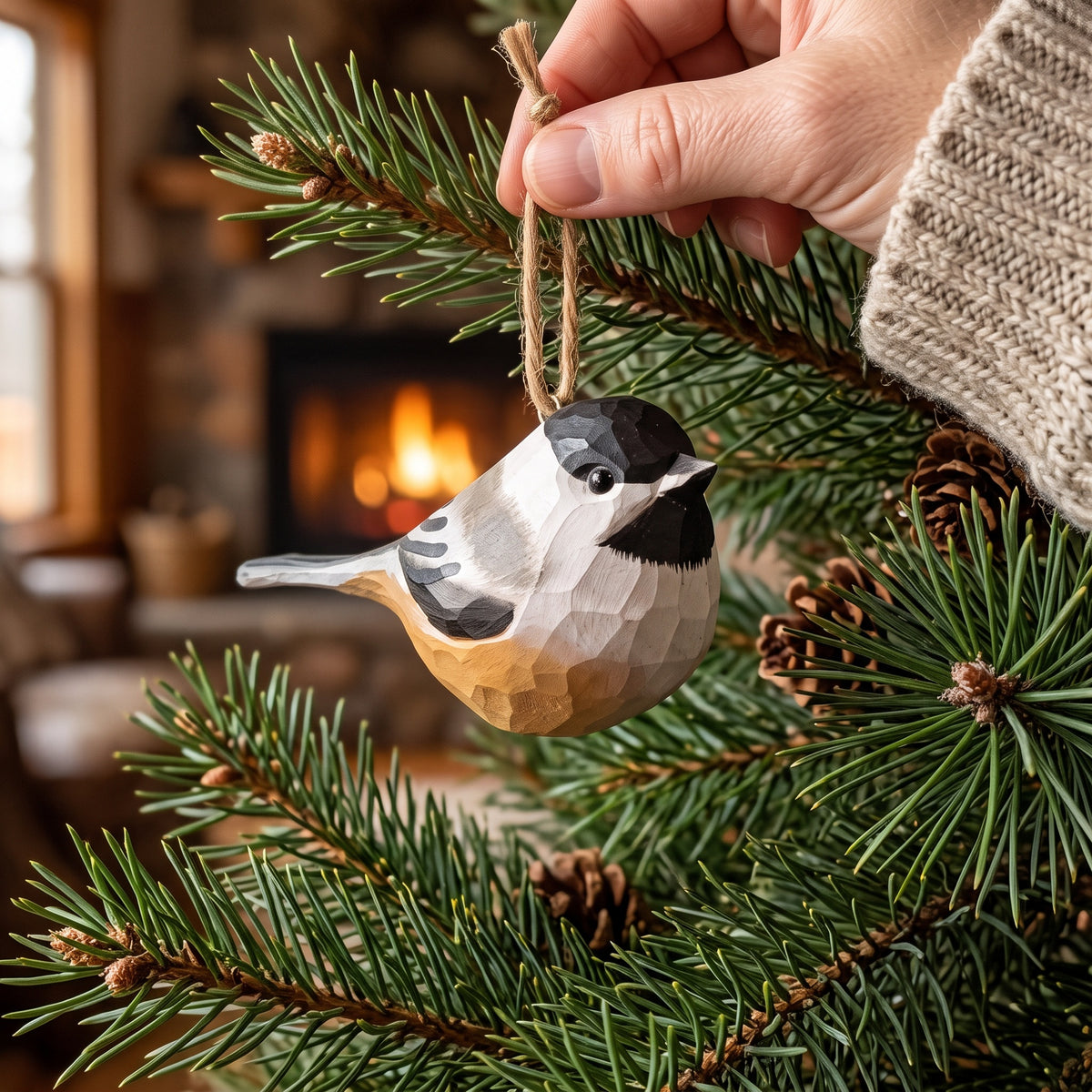 Hand-carved wooden Black-capped Chickadee ornament with jute string loop, being hung on a pine tree branch in front of a warm fireplace.