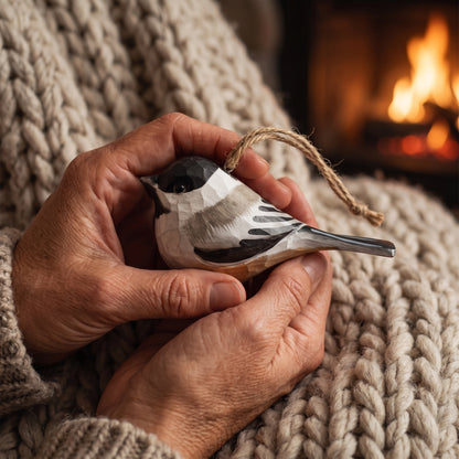 Hand-carved wooden Black-capped Chickadee ornament with jute hanging loop, gently held in hands wearing a cozy chunky knit sweater by a warm fireplace.