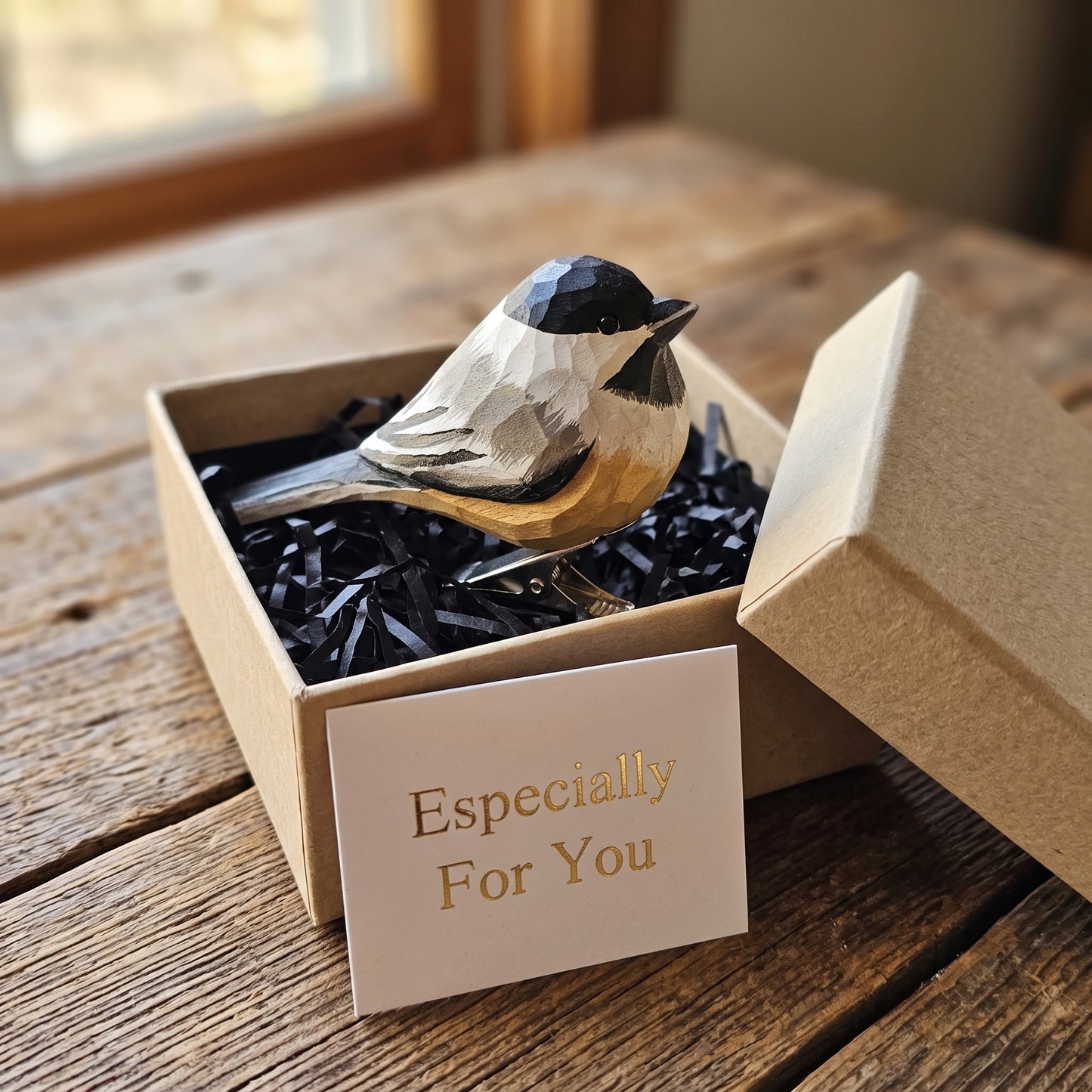 Hand-Carved Chickadee Clip-On Bird Ornament | Basswood | 4" Handmade Wood Sculpture