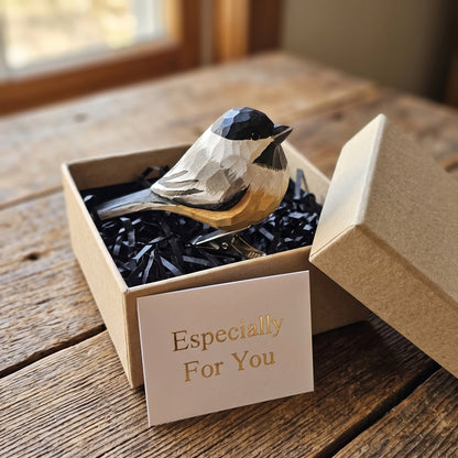 Hand-Carved Chickadee Clip-On Bird Ornament | Basswood | 4" Handmade Wood Sculpture