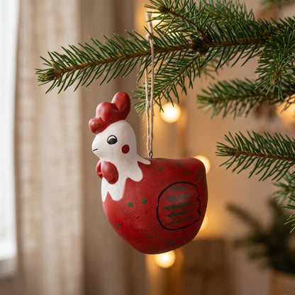 A red and white painted chicken-shaped Christmas ornament hanging from a pine tree branch with warm string lights blurred in the background.