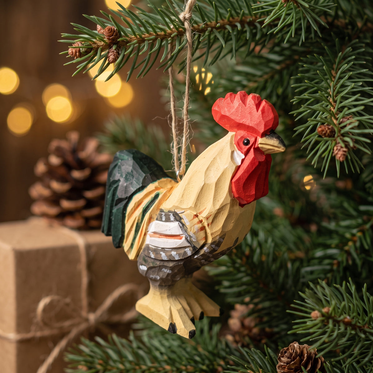 A handcrafted wooden rooster Christmas ornament hanging from a pine tree branch, with warm bokeh lights and a wrapped gift in the background.