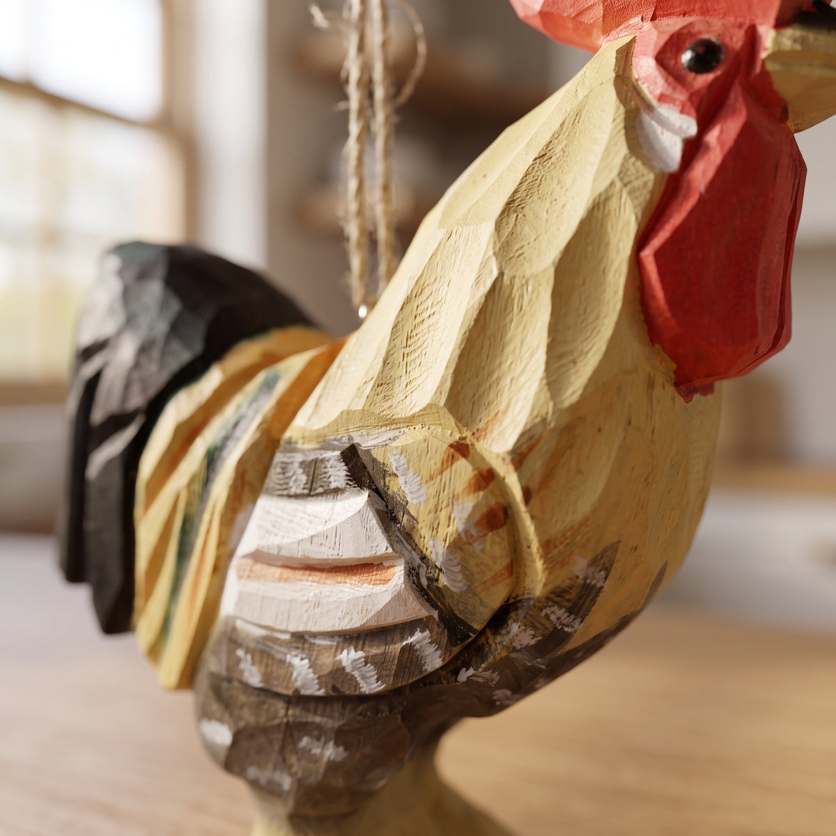 A close-up of a hand-carved wooden rooster figurine with a red comb and wattle, yellow body, and dark tail feathers, hanging by a twine string in a softly blurred indoor setting.