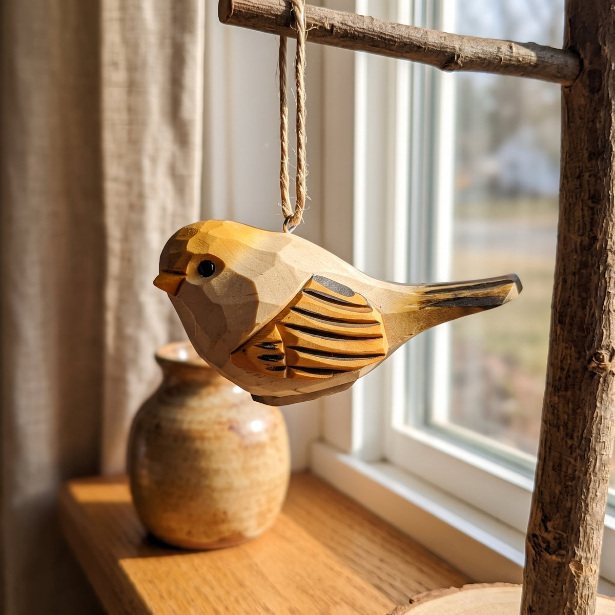 Chubby Bird Hanging Ornament - Hand-Carved Basswood Bird Figurine