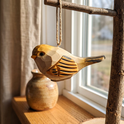Chubby Bird Hanging Ornament - Hand-Carved Basswood Bird Figurine