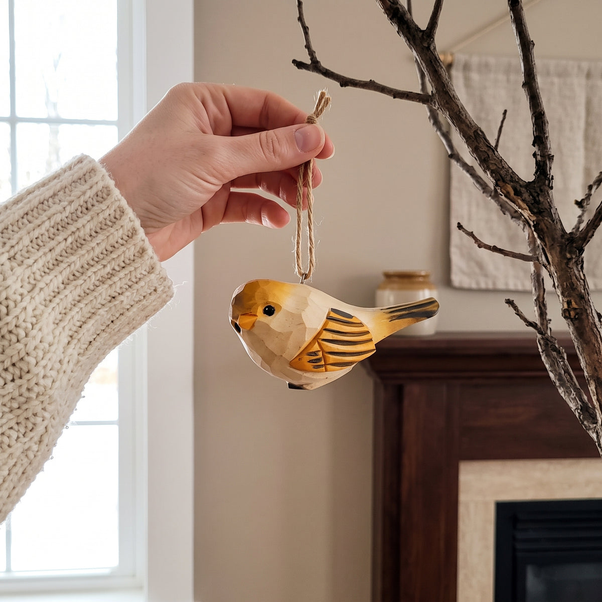Chubby Bird Hanging Ornament - Hand-Carved Basswood Bird Figurine