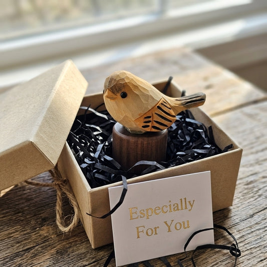 Hand Carved Chubby Bird Figurine | Basswood with Black Walnut Base