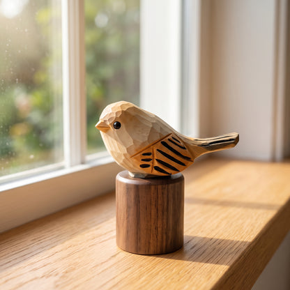 Hand Carved Chubby Bird Figurine | Basswood with Black Walnut Base