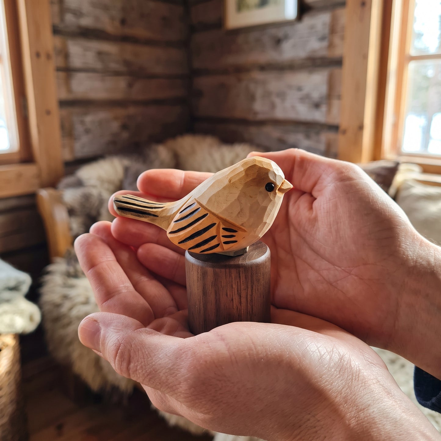 Hand Carved Chubby Bird Figurine | Basswood with Black Walnut Base