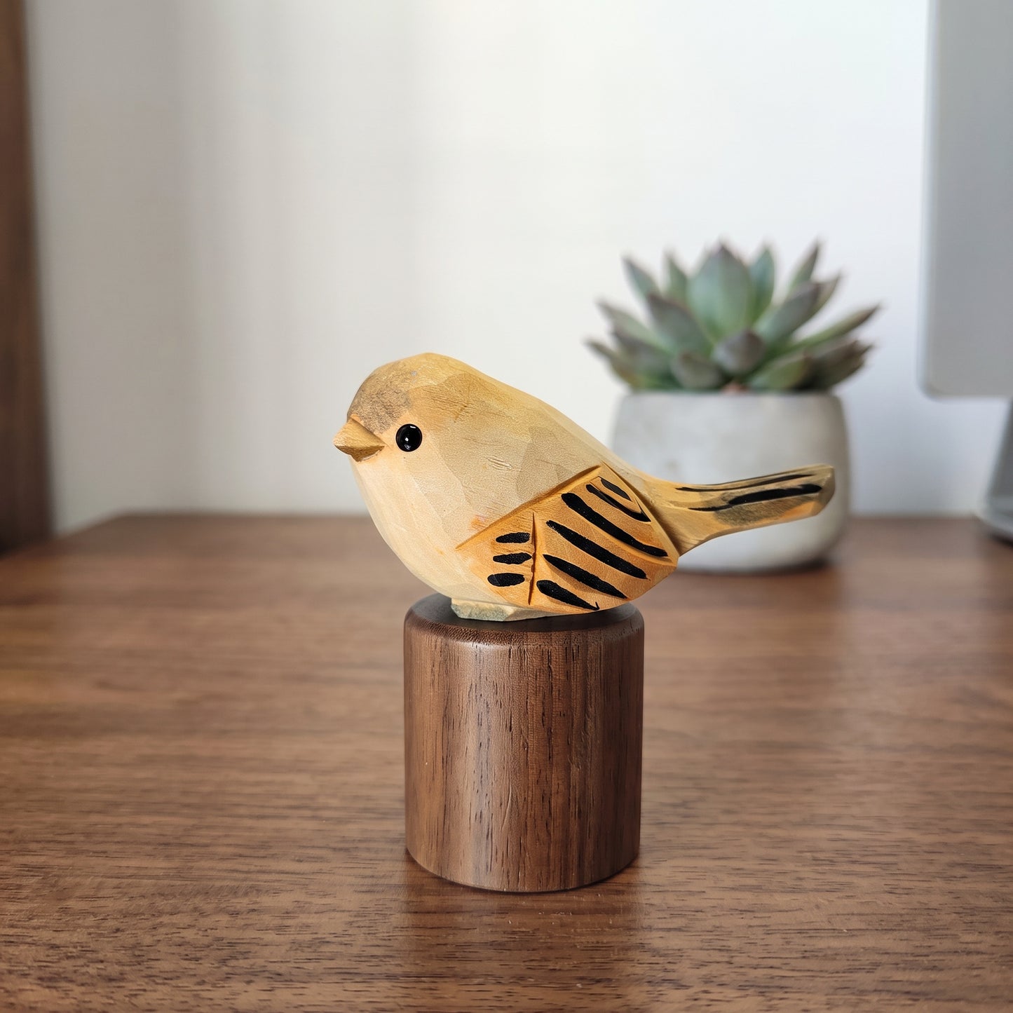 Hand Carved Chubby Bird Figurine | Basswood with Black Walnut Base