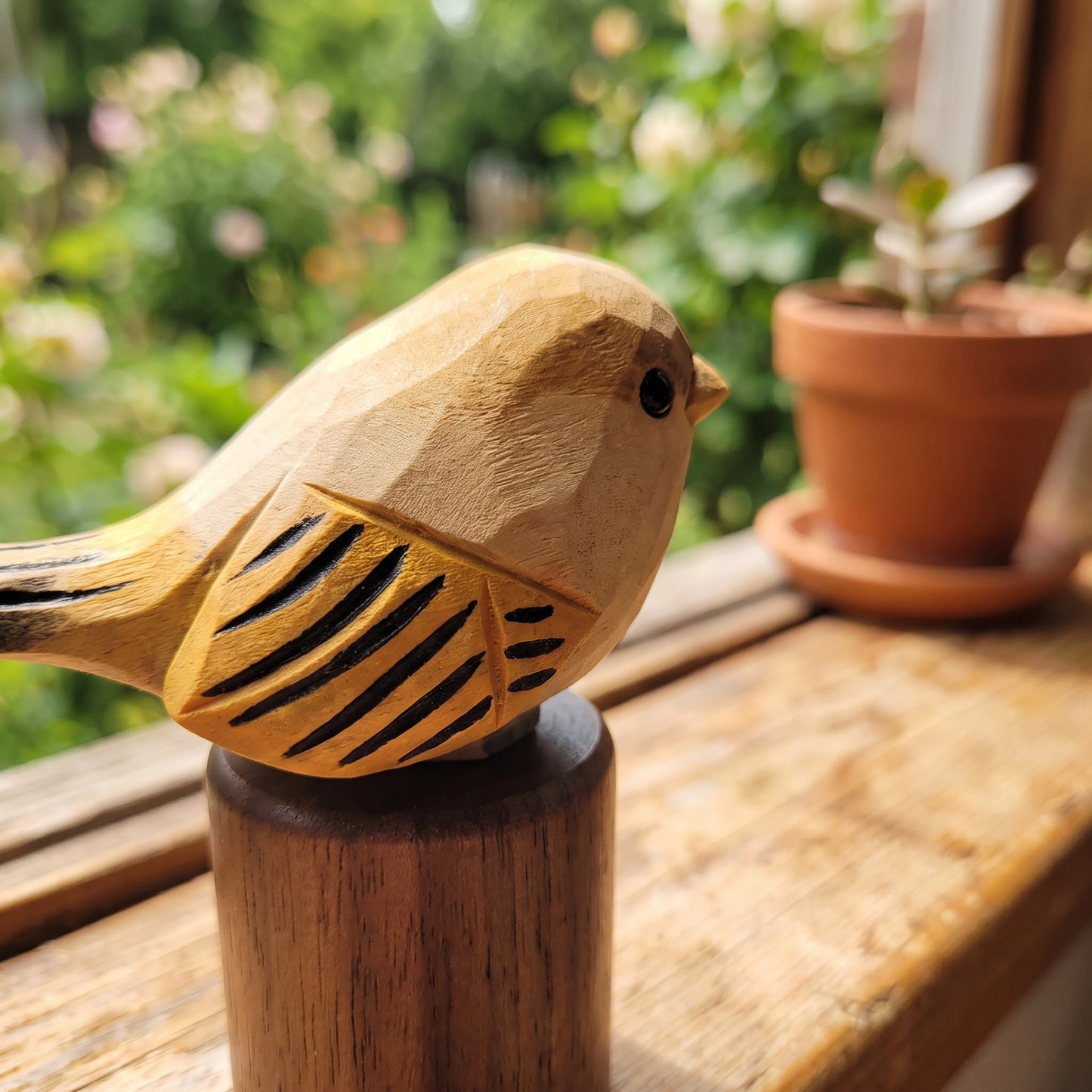 Hand Carved Chubby Bird Figurine | Basswood with Black Walnut Base
