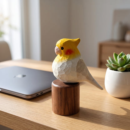 Hand Carved & Hand Painted Cockatiel Figurine | Basswood with Black Walnut Base | Gray & White