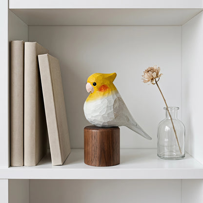 Hand Carved & Hand Painted Cockatiel Figurine | Basswood with Black Walnut Base | Gray & White