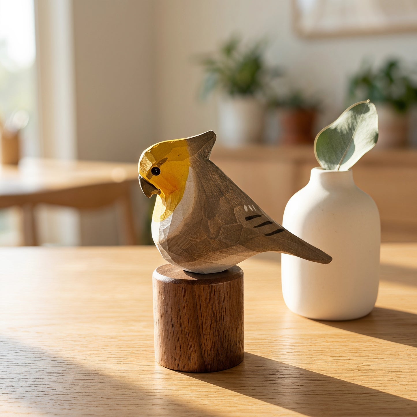 Hand Carved & Hand Painted Cockatiel Figurine | Basswood with Black Walnut Base | Gray & White