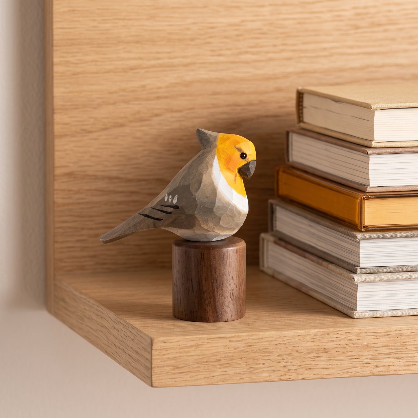 Hand Carved & Hand Painted Cockatiel Figurine | Basswood with Black Walnut Base | Gray & White