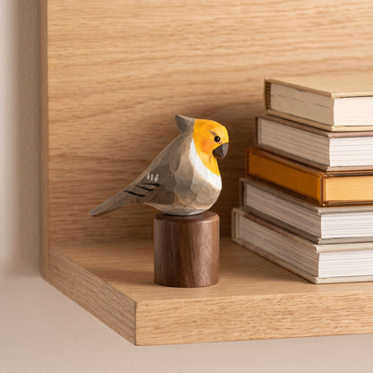 Hand Carved & Hand Painted Cockatiel Figurine | Basswood with Black Walnut Base | Gray & White