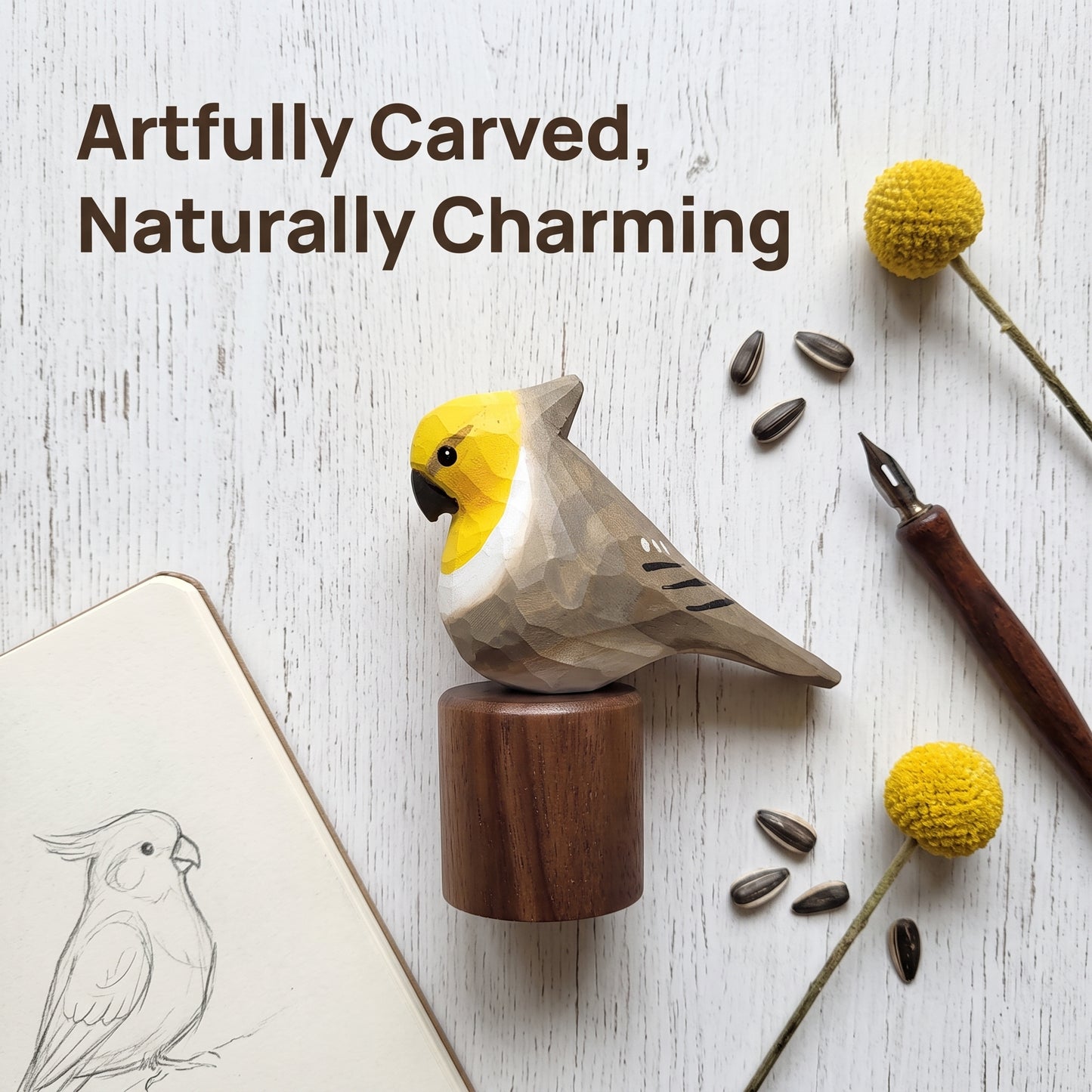 Hand Carved & Hand Painted Cockatiel Figurine | Basswood with Black Walnut Base | Gray & White