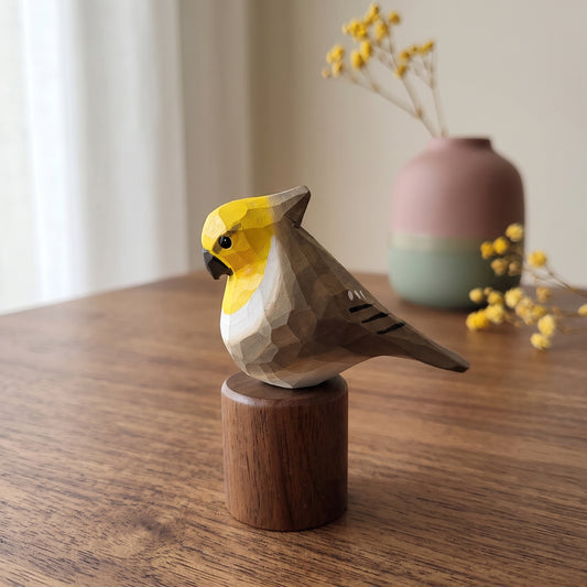 Hand Carved & Hand Painted Cockatiel Figurine | Basswood with Black Walnut Base | Gray & White