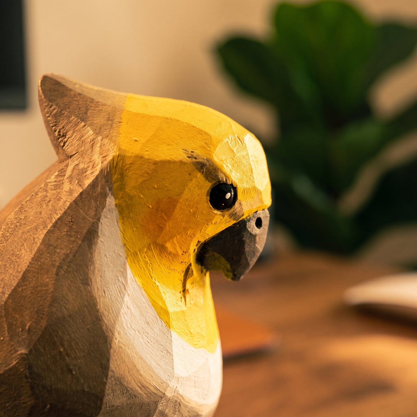 Hand Carved & Hand Painted Cockatiel Figurine | Basswood with Black Walnut Base | Gray & White